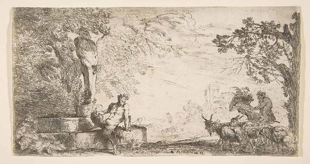 プリアポスの像のふもとに横たわるサテュロス、右側のヤギ、およそ。 1645-48。                                    アート作品の設定をする
