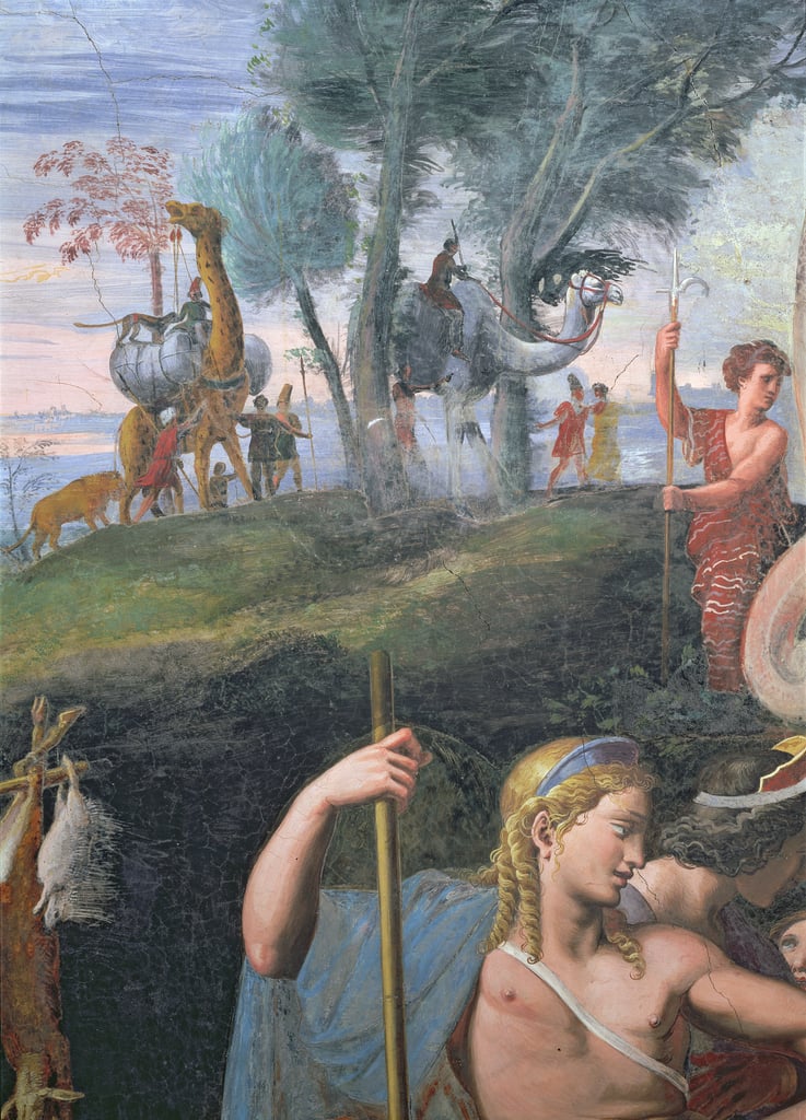 キューピッドとプシュケの結婚を祝う高貴な宴会。アポロの首を背景にエキゾチックな動物の行列とともに、詳細は1528サラディアモーレエプシェから