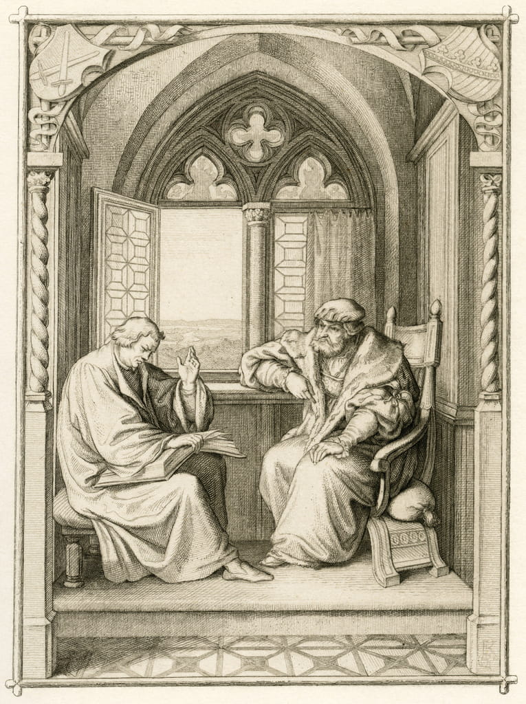 ルターが選帝侯ヨハン・デム・ベスタエンディゲン（ジャン1世・ド・ザクセ）に本を読んで聞かせる。