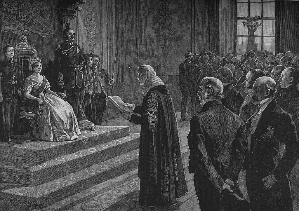 クリミア戦争の前夜、1891年に女王に愛国的な演説を行った仲間と庶民                                    アート作品の設定をする