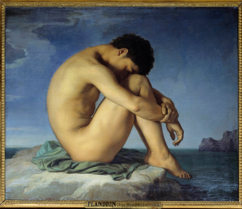 海辺に座る若い裸の男 撤退姿勢の思想家（内省）。Hippolyte Flandrin