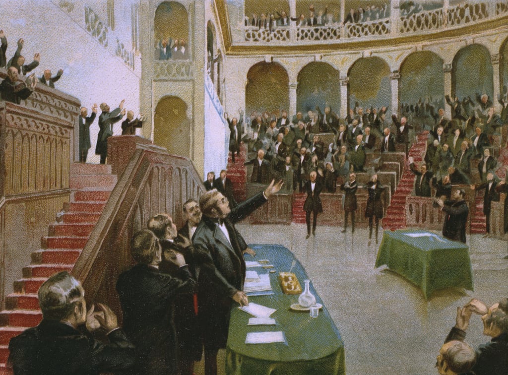 カブールは1861年2月18日に最初のイタリア国会にビクターエマニュエル2世（1820-78）を称賛し、チョコレートのために作られたリソルジメントの歴史に関するアルバムのイラストを掲載                                    アート作品の構成