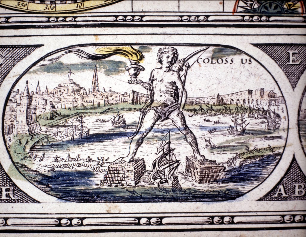 1630年にアムステルダムで印刷されたヤンソンJannsoniusのアトラスに描かれた古代の七不思議「ロードス島の巨像」の表現。個人蔵。                                    アート作品の設定をする