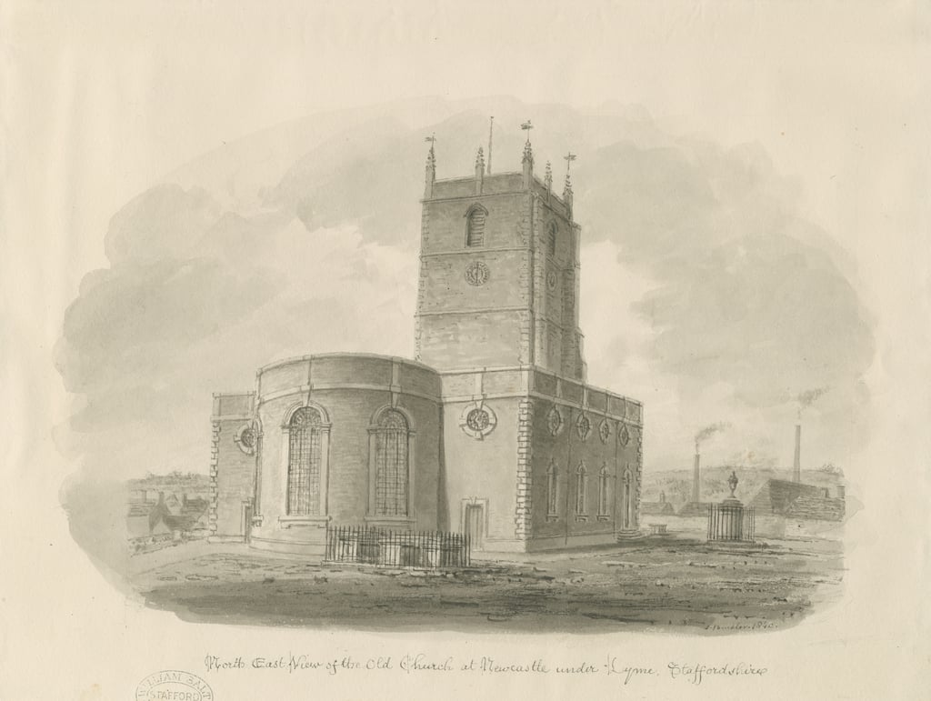 ニューカッスル・アンダー・ライム 「St.Giles the Abbot」（旧教会）：セピア色の水彩画