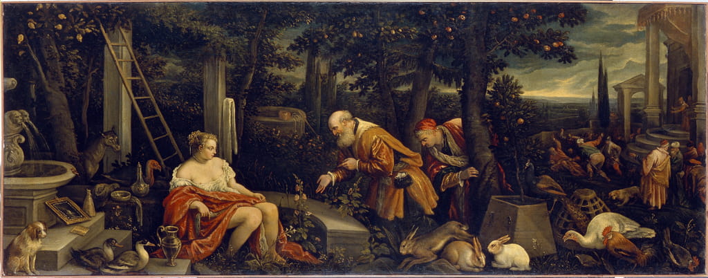 スザンナと長老たち。 レアンドロ・バッサーノ (15571622) の絵画、キャンバスに油彩、1580 年頃。 イタリア美術 (ヴェネツィア)