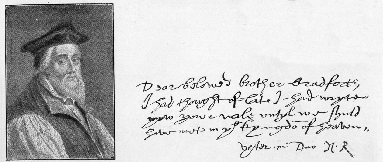 ジョンブラッドフォードが死ぬ直前に慰めるために書かれた手紙からのリドリー司教の手書きおよび署名、1555 作： 不明
