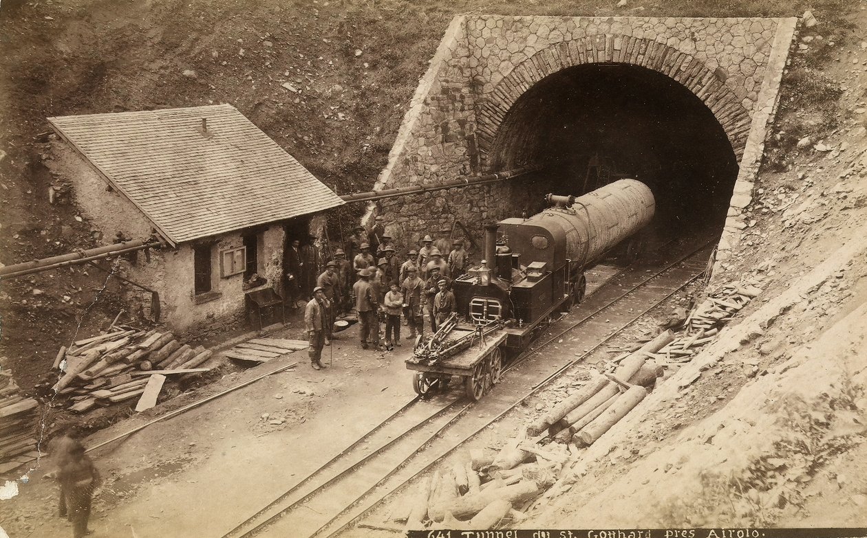 1880年頃、スイスのゴッタルド鉄道トンネルの建設中の労働者 作： 不明