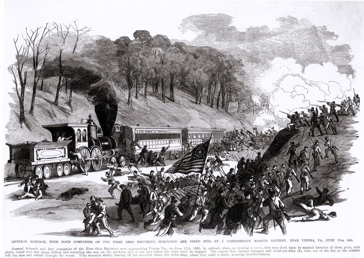 1861年6月17日、バージニア州ウィーンの近くで南軍の仮面バッテリーに驚かされて発砲された、最初のオハイオ連隊の4社とのシェンク将軍、「フランクレスリーのイラスト入り新聞」から、 作： アメリカの学校