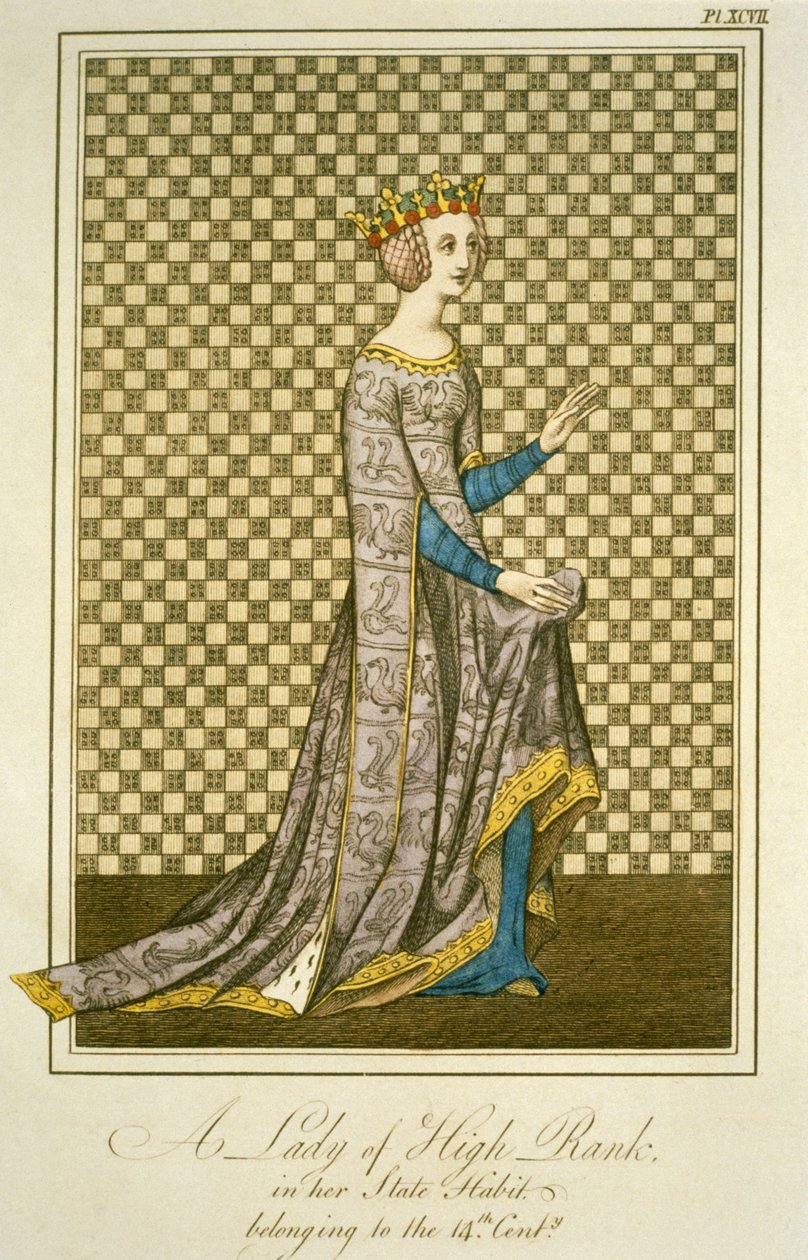 イングランドの民衆の服装と習慣の完全な眺め、第2巻、ジョセフ・ストラット作、1799年（彼女の色の彫刻） 作： 英語学校