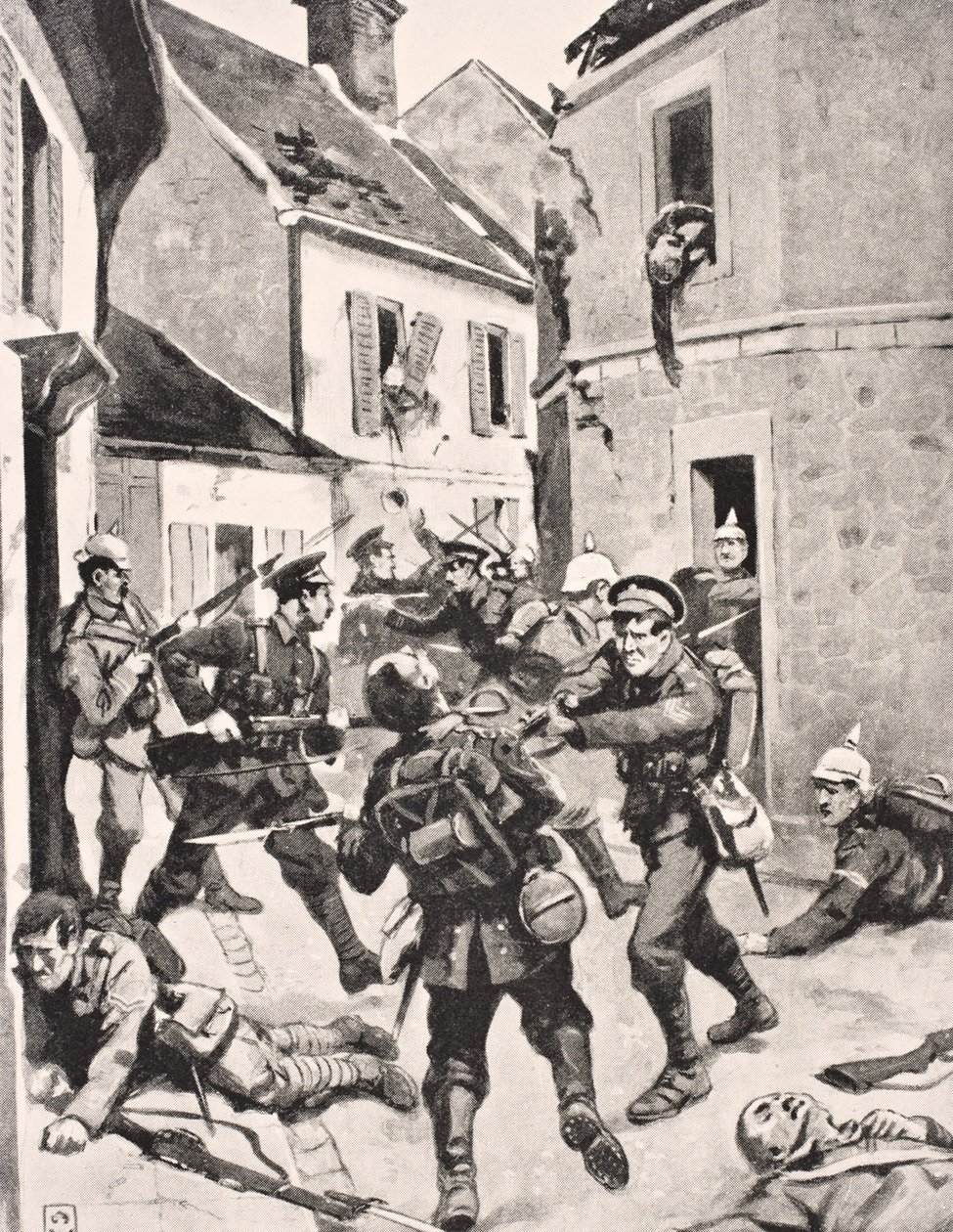 1916年9月25日、フランスのルースの襲撃中のイギリスとドイツの兵士。1916年にロンドンで発行された「The War Illustrated Album deLuxe」より 作： 英語学校