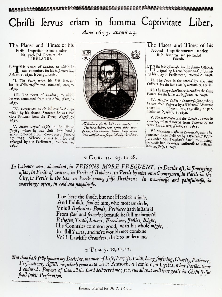Summa Captivitate LiberのChristi Servus Etiam：1653年に出版されたジョンリルバーン（c.1614-57）の収監の場所と時間のリストを含む大判のページ 作： 英語学校