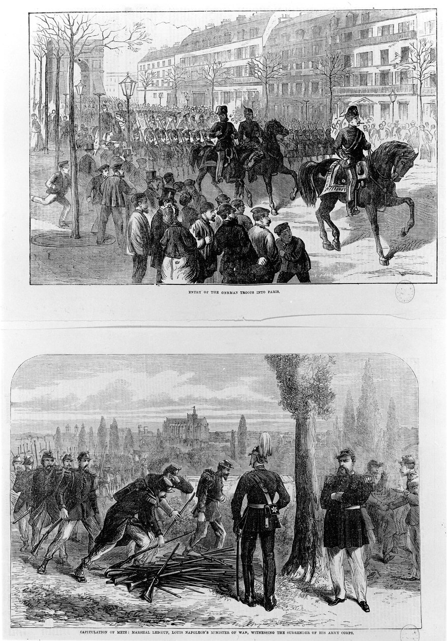 1871年3月2日、ドイツ軍のパリへの進入。 1870年10月27日、メスの降伏、ルイナポレオンの軍事大臣、ルブフ元帥、軍隊の降伏を目撃（彫刻 作： 英語学校