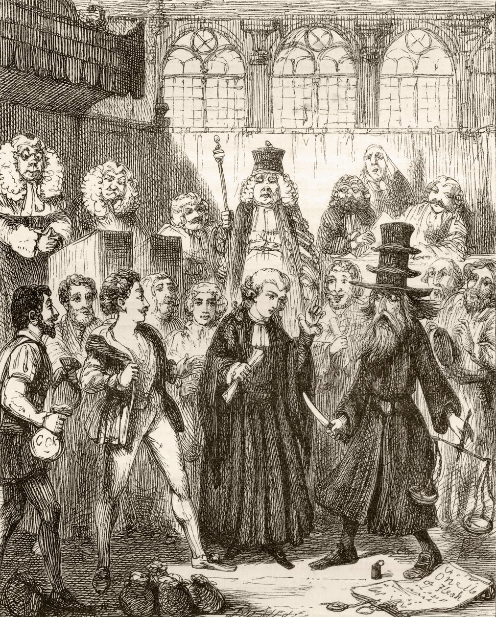 1865年に出版されたThomas Ingoldsbyによる「Ingoldsby Legends or Mirth and Marvels」からの詩「The Merchant of Venice」のGeorge Cruikshankによるイラスト 作： 英語学校