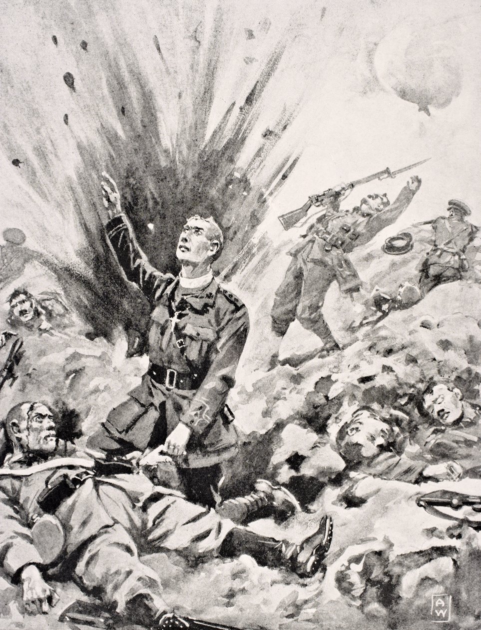 1915年10月、フランスのルースの戦いで彼自身がヒル70で殺された直前にラストサクラメントを与えたアイリッシュガードにジョングウィン牧師牧師 作： 英語学校