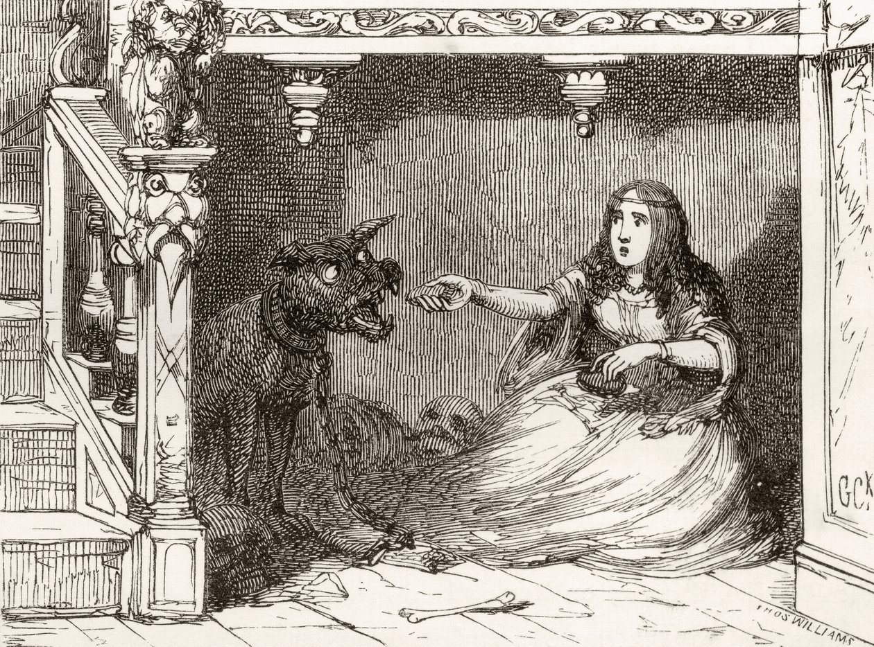 「彼女は彼にパンとロールを与えました」、トーマス・インゴールドスビーによる「インゴルズビー・レジェンドまたはマースとマーベルズ」からの詩「シュルーズベリーのブラウディ・ジャック」のジョージ・クルクシャンクのイラストは出版 作： 英語学校