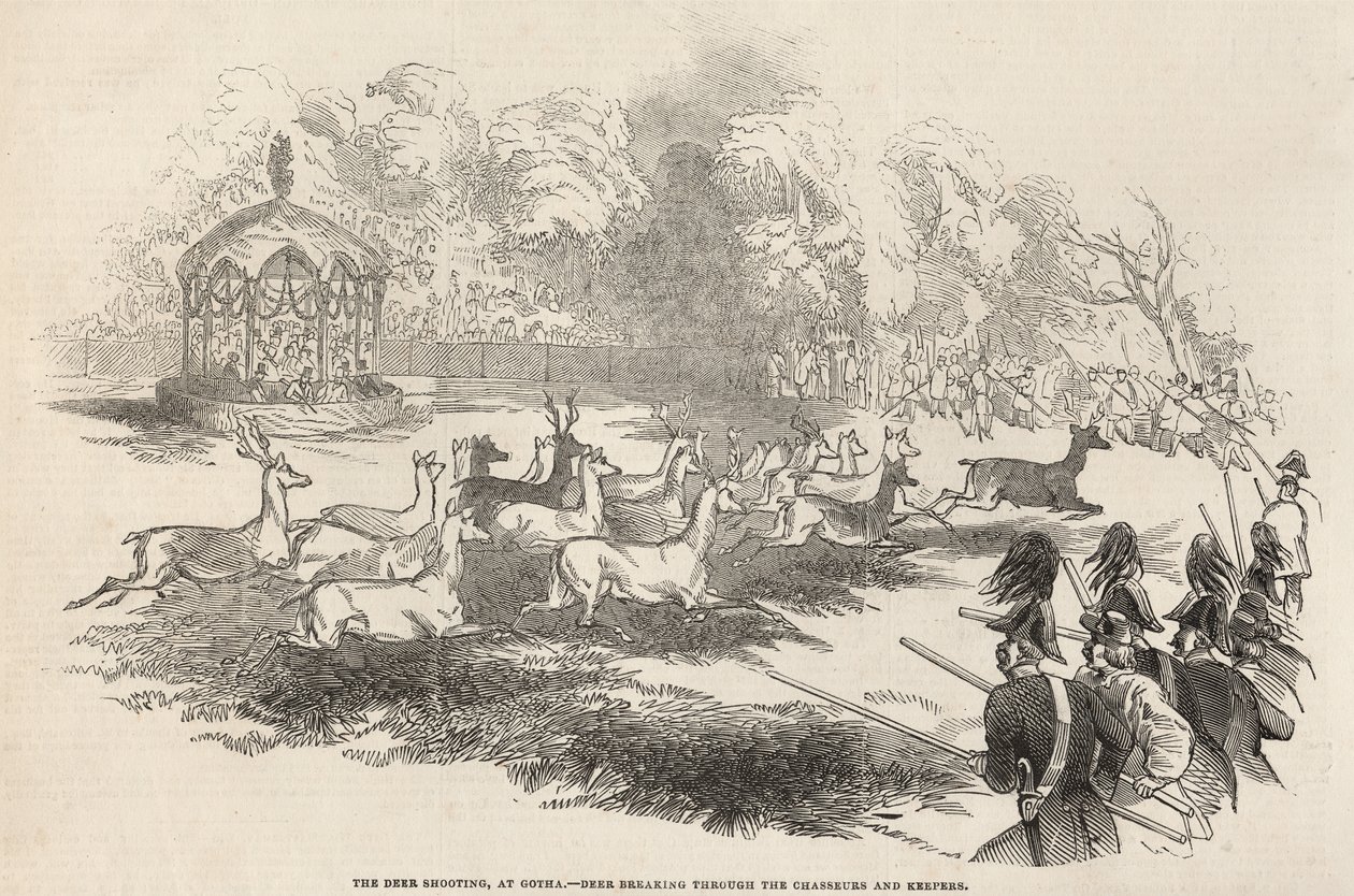 ゴータでのシカの射撃：シカがシャサーズとキーパーを突破、1845年9月13日の &39;The Illustrated London News&39;から99：hunt;狩猟;撮影;ハンター;追跡;動物; Ge 作： 英語学校