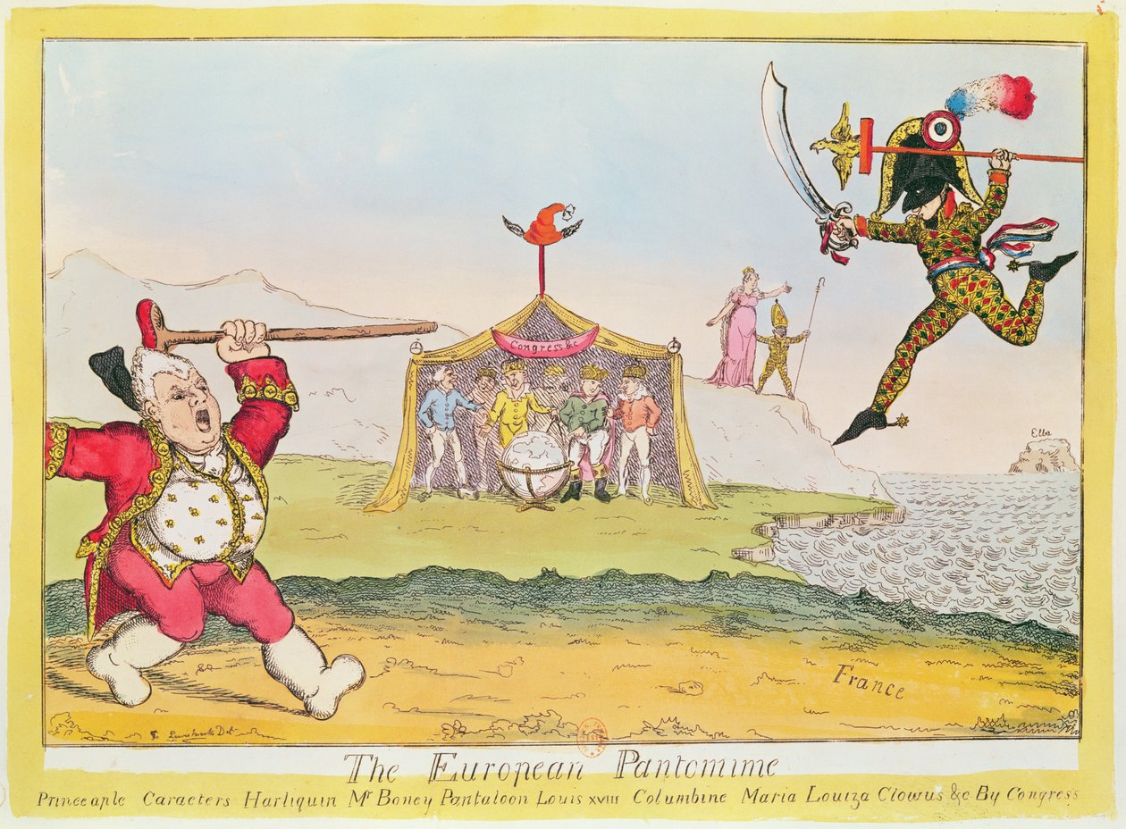 「ヨーロピアンパントマイム」、ナポレオン（1769-1821）の漫画、ハーレクイン、ルイ18世（1755-1824）のパンタロン、マリールイーズ女王（1791-1847）のコロンバインとウィーン議会（色付きのengr） 作： 英語学校