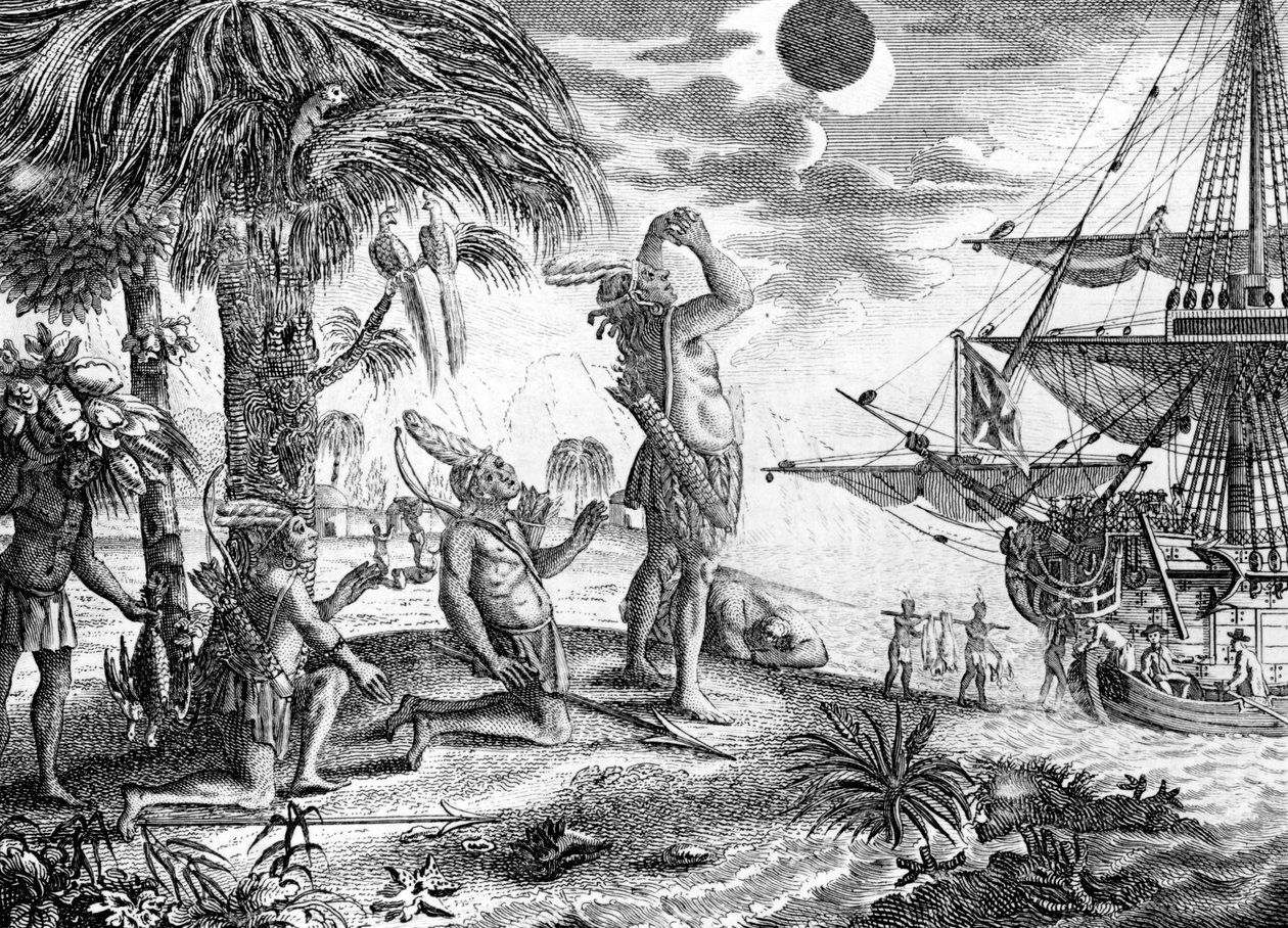 インディアンはコロンブスによって予告された月の日食にびっくりしました、イラストはエドワード・ジョージ・キャベンディッシュによる「本物で楽しい航海と旅行の新しい普遍的なコレクション」177 作： 英語学校