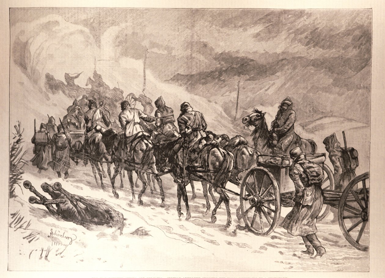 セルビアとブルガリアの戦争：吹雪の中でプロカ山脈を横切るセルビア砲兵隊、J。シェーンベルクのスケッチ、「イラストレイテッドロンドンニュース」、1886年1月16日より 作： 英語学校