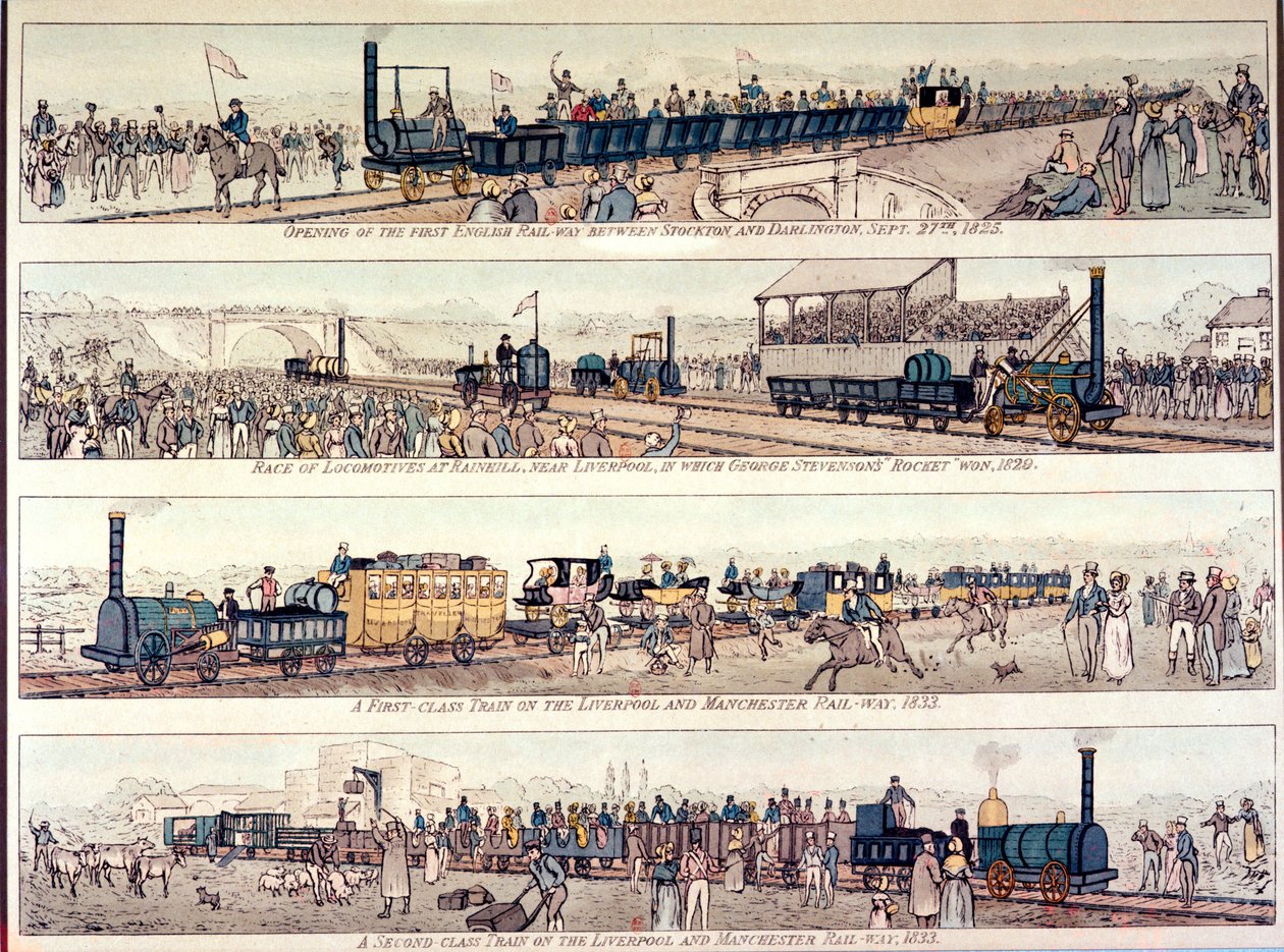 1825年のストックトンとダーリントン鉄道の開通。 1829年にジョージスティーブンソンの「ロケット」で勝利した、リバプール近くのレインヒルでの機関車レース。リバプールとマンチェスターRのファーストクラスの列車 作： 英語学校