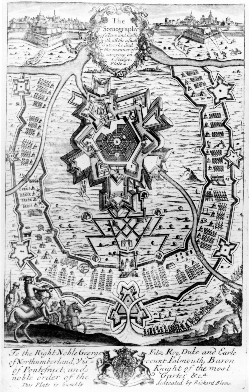 1686年にリチャードブルームが出版した「紳士のレクリエーション」（彫刻）からの、通常のすべての成果と包囲の実行方法を示した町と城の風景 作： 英語学校
