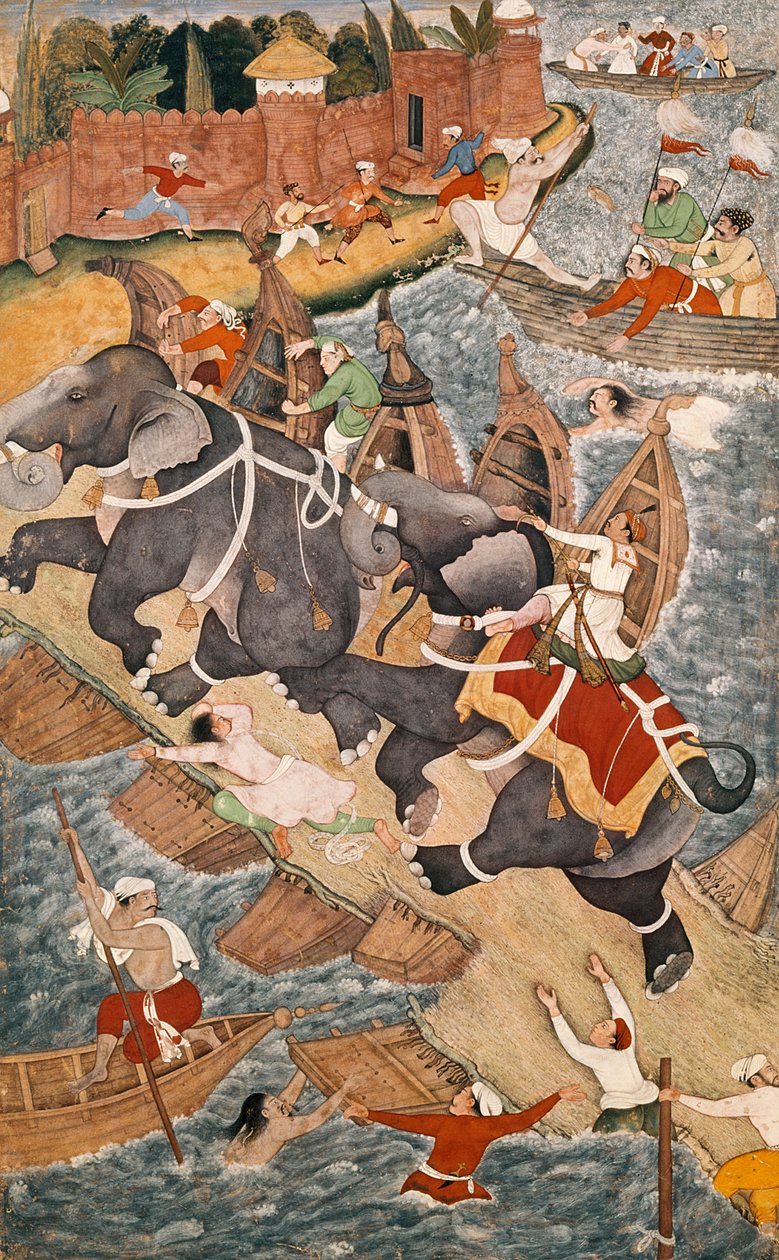 Akbar Tames the Savage Elephant、Hawa&39;i、Outside the Red Fort at Agra、miniature from a Akbarnama of Abul Fazl、c.1590（double page miniatureの左側、4042を参照） 作： バサワン