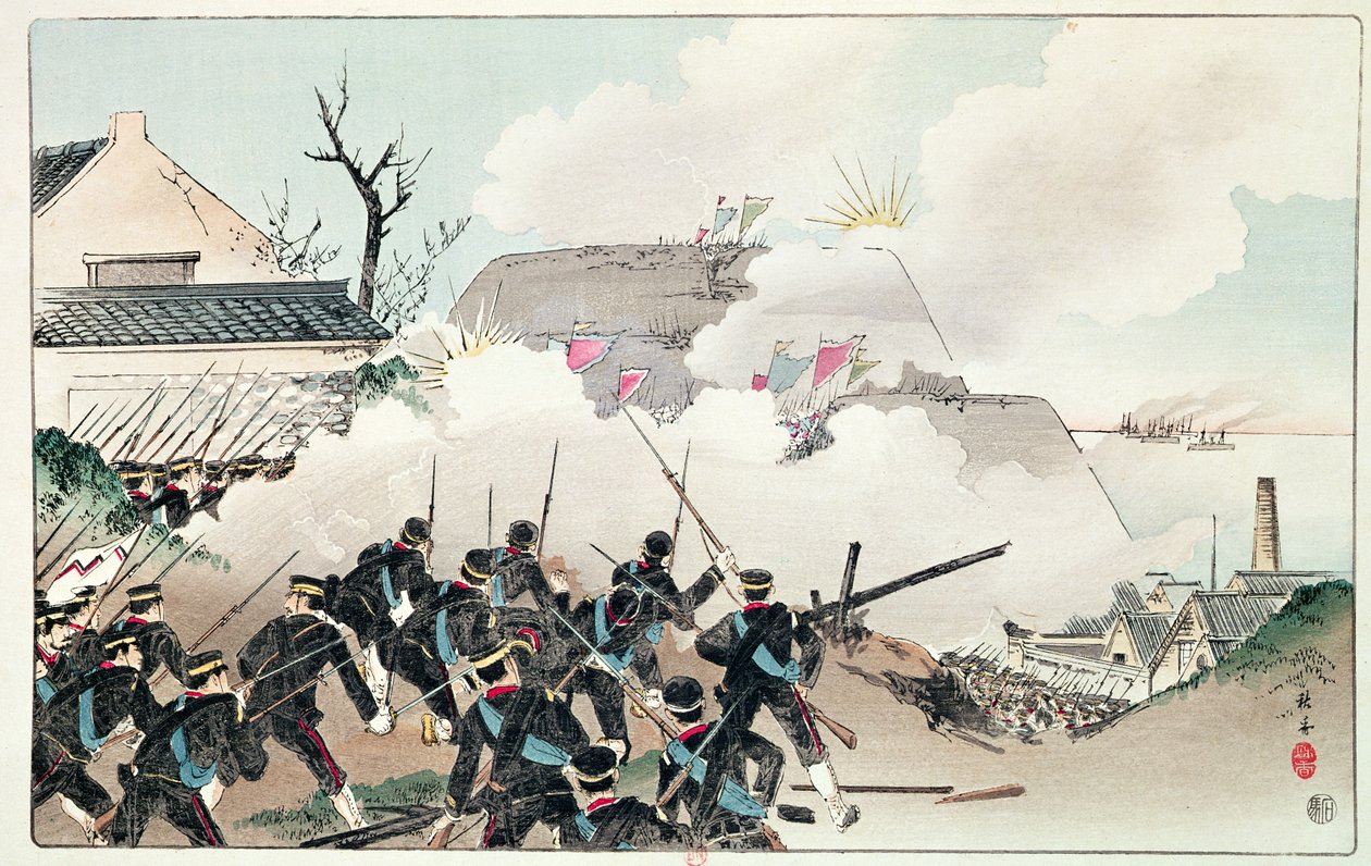 ポートアーサーの戦い、1894年頃（カラー彫刻） 作： 中国語学校