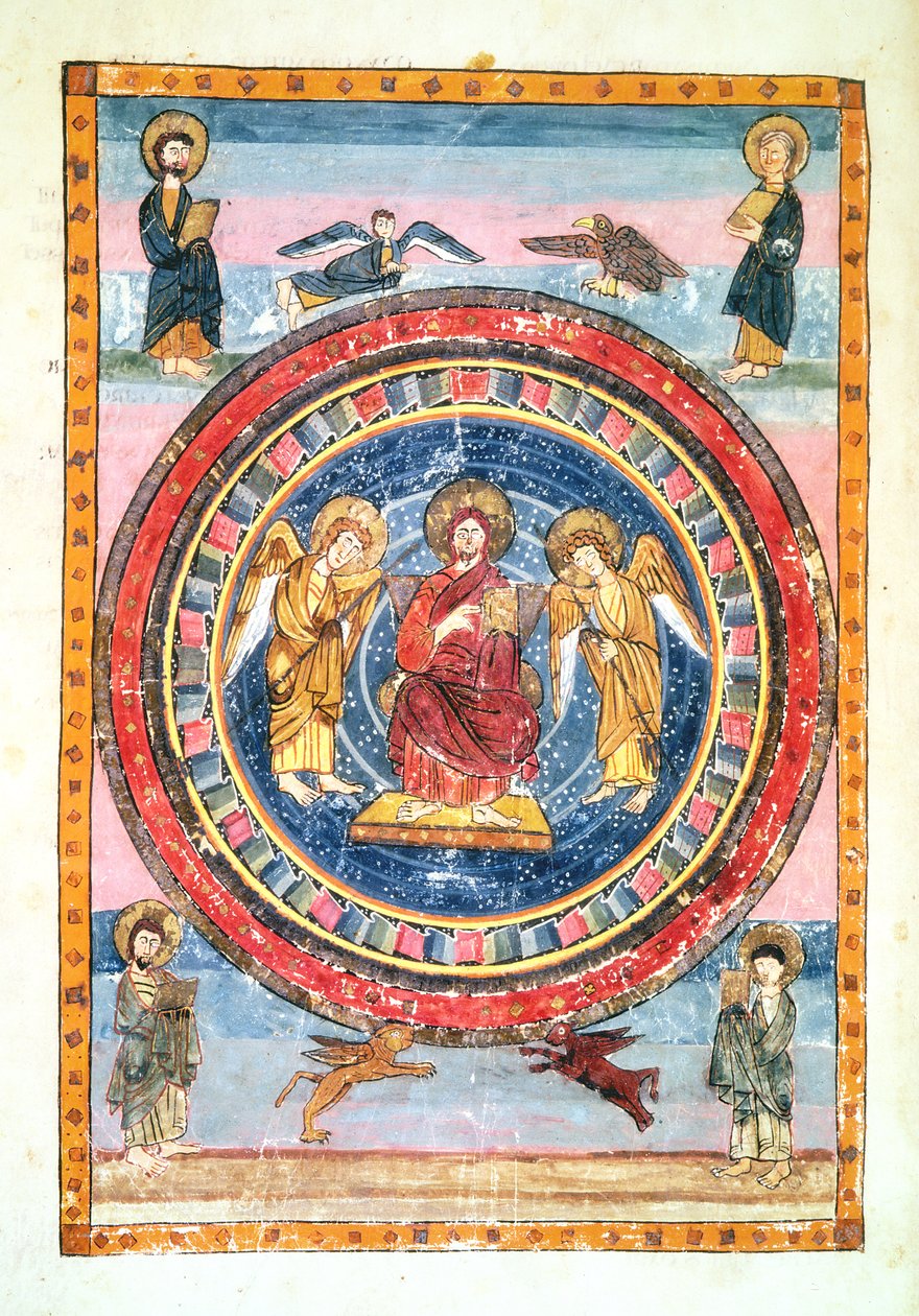 コーデックスAmiatinus Ms 1 f.796v 8世紀初頭、ウェアマスのジャロウで処刑された、天使と4人の伝道者のいる陛下のキリスト 作： 英語学校