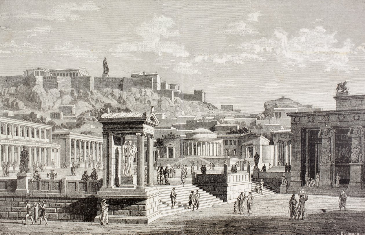 「El Mundo Ilustrado」からの古代ギリシャのアテネのアゴラの市場の想像図、バルセロナ発行、1880年（リソ） 作： ヨーロピアンスクール