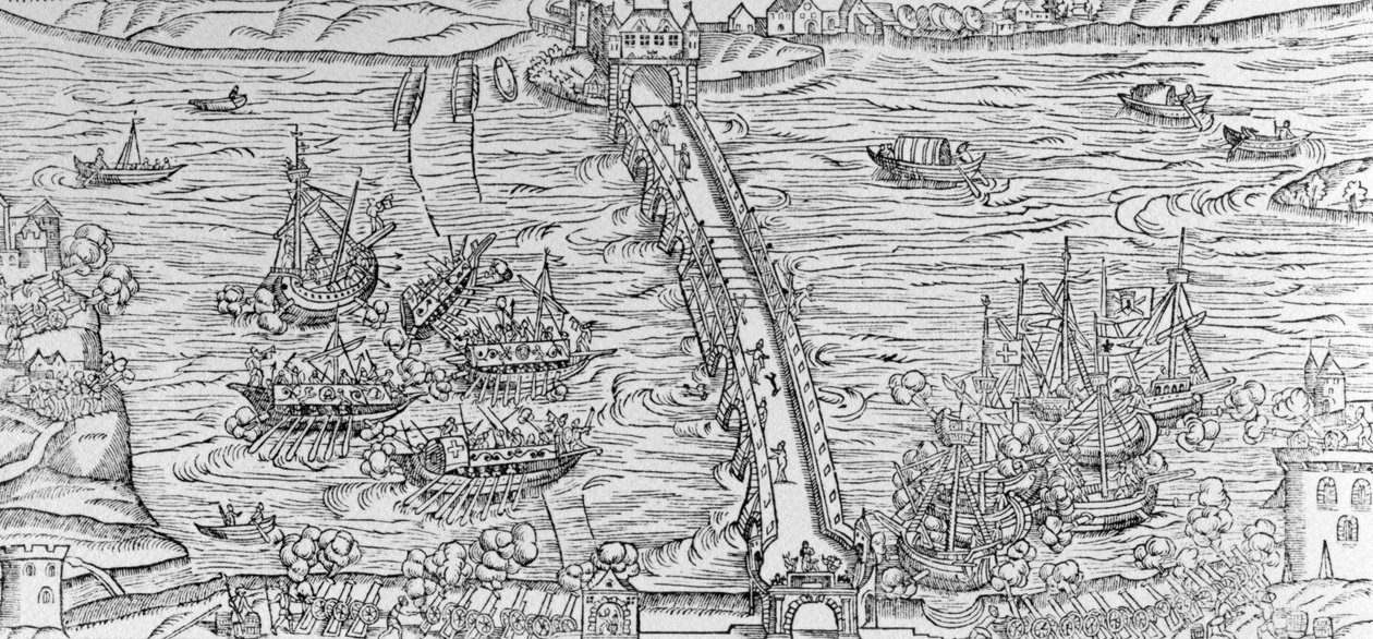 1596年にアンリ4世の前でセーヌ川で行われた海戦の再現。「ヘンゼル3世の凱旋門、ヘンリー3世の遺跡、ビルデルーアンの絵」のイラスト 作： フランス語学校