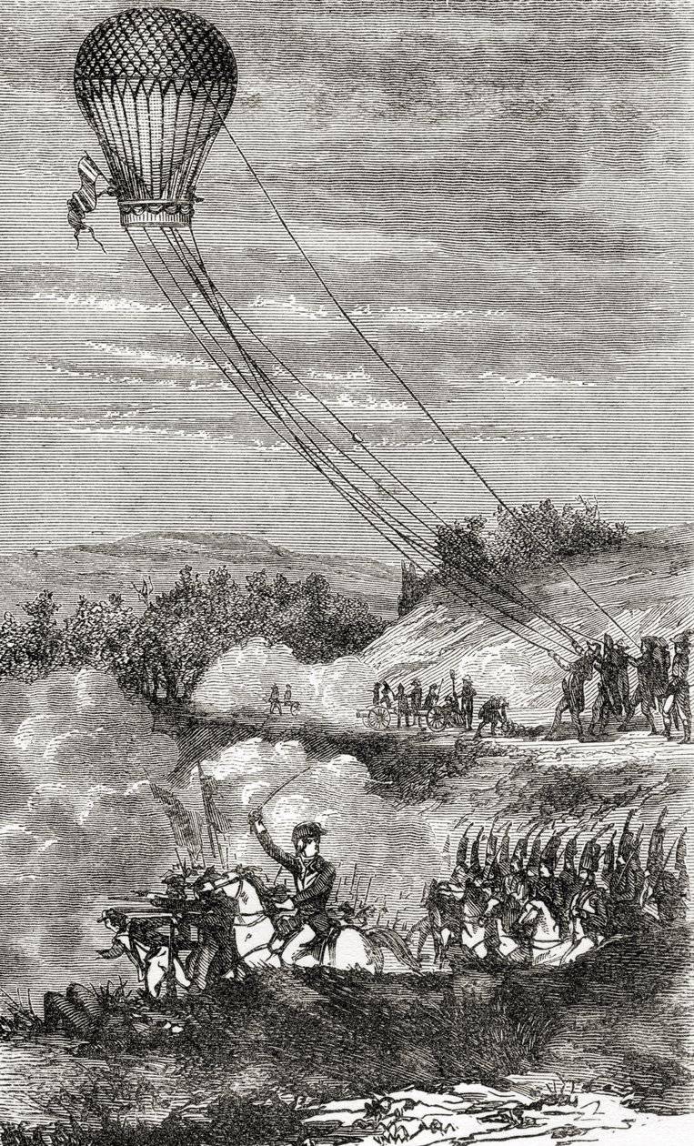 Fulgence Marionによる「Wonderful Balloon Ascents or the Conquest of the Sky」からの偵察投稿としての熱気球l&39;Entreprenantの採用、1870年頃に出版 作： フランス語学校