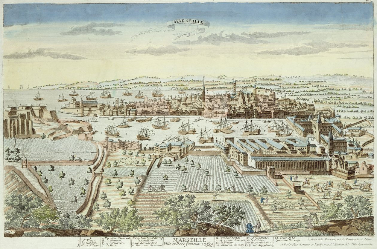 マルセイユの乗馬計画、1680年（色付き彫刻） 作： フランス語学校