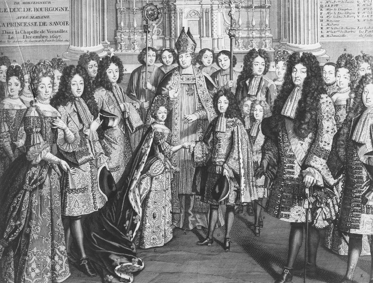 1694年12月、ルイ14世の前で、ベルサイユ王立礼拝堂でルイドフランス（1682-1712）とブルゴーニュ公、マリーアデレードドサヴォワ（1685-1712）と結婚 作： フランス語学校