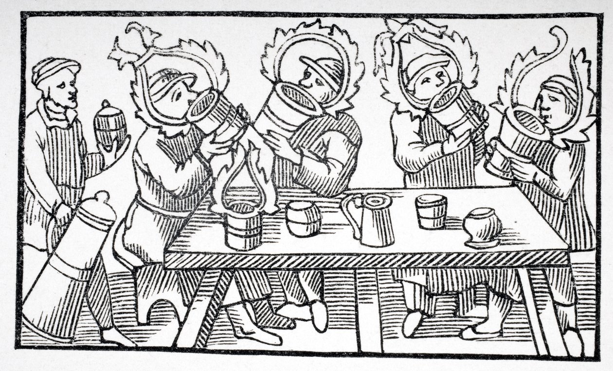 男性の飲酒、イラスト、「北部の説明」からOlaus Magnus（1490-1557）、ローマ、1555年、Moyen Age et la Renaissance、Paul Lacroix（1806-84）から出版 作： フランス語学校