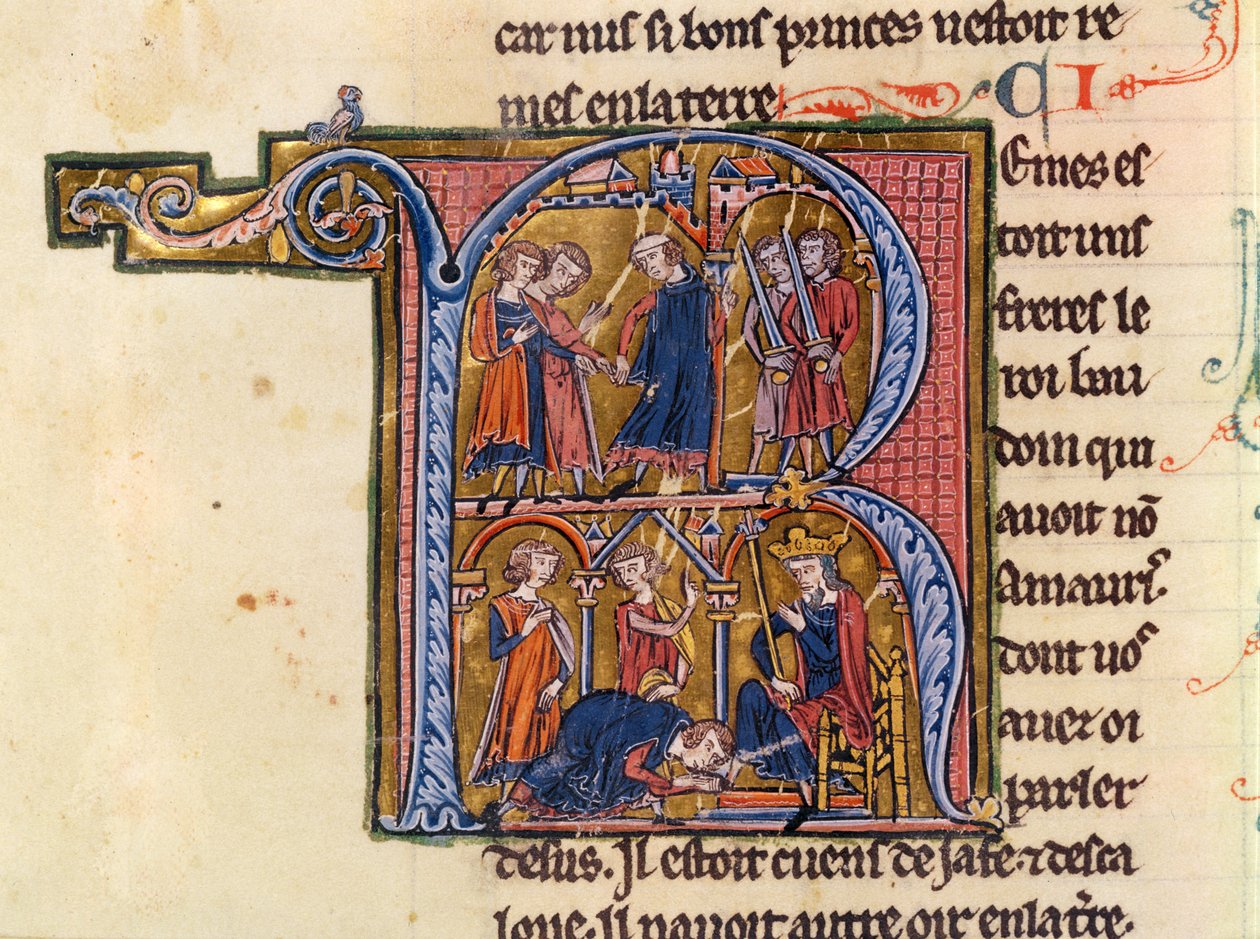 Ms Fr 9081 fol.245vウィリアム・オブ・ウィリアムによる「エルサレムの歴史」から、スルタンがエジプトのカリフに使者を送り、スルタンがカリフの足にキスをしているのを描いた最初の「R」 作： フランス語学校