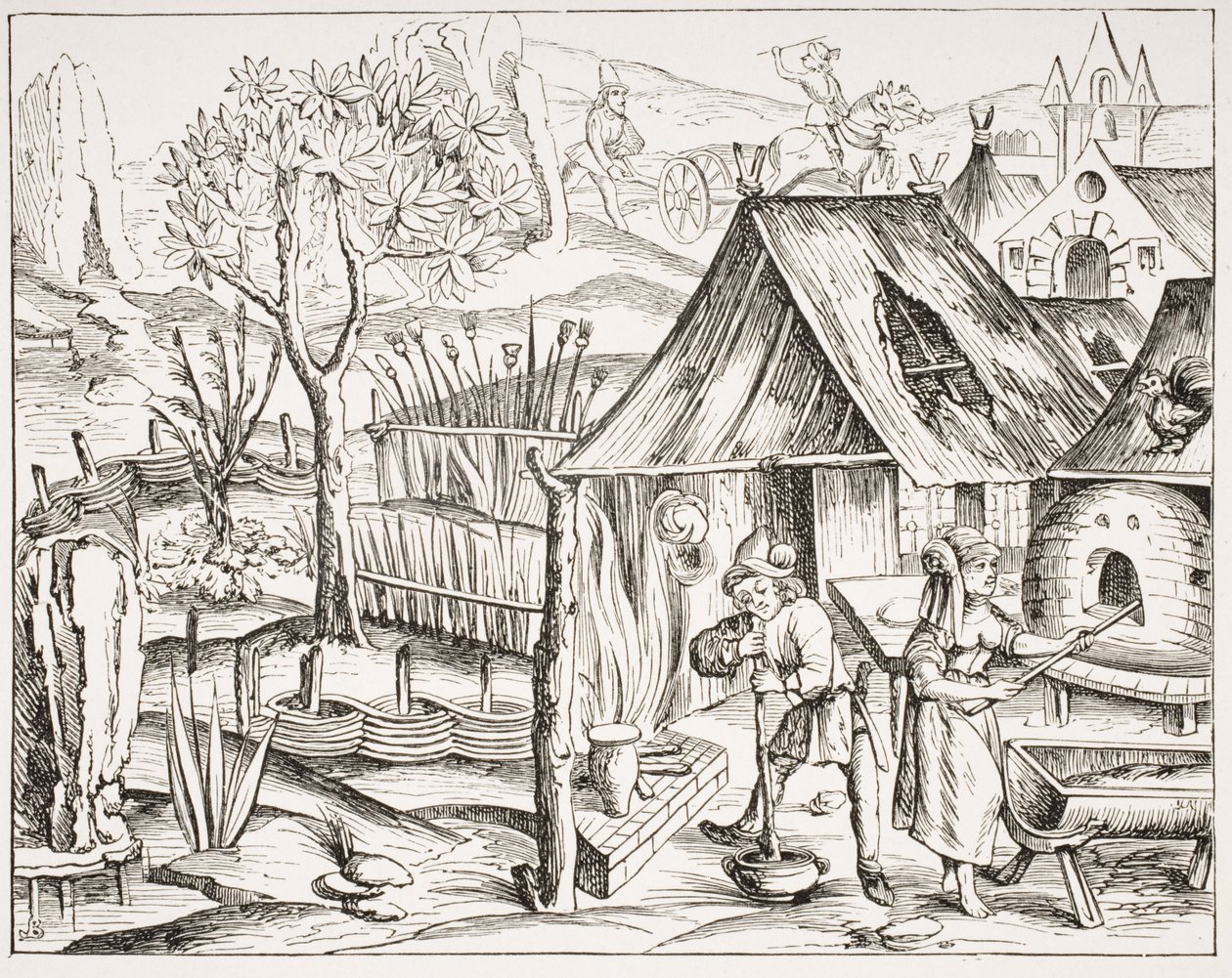 1517年にライオンズで出版されたヴァージルの版画からの木版画を制作した農民の穀物栽培と大麦とオート麦パンの製作 作： フランス語学校