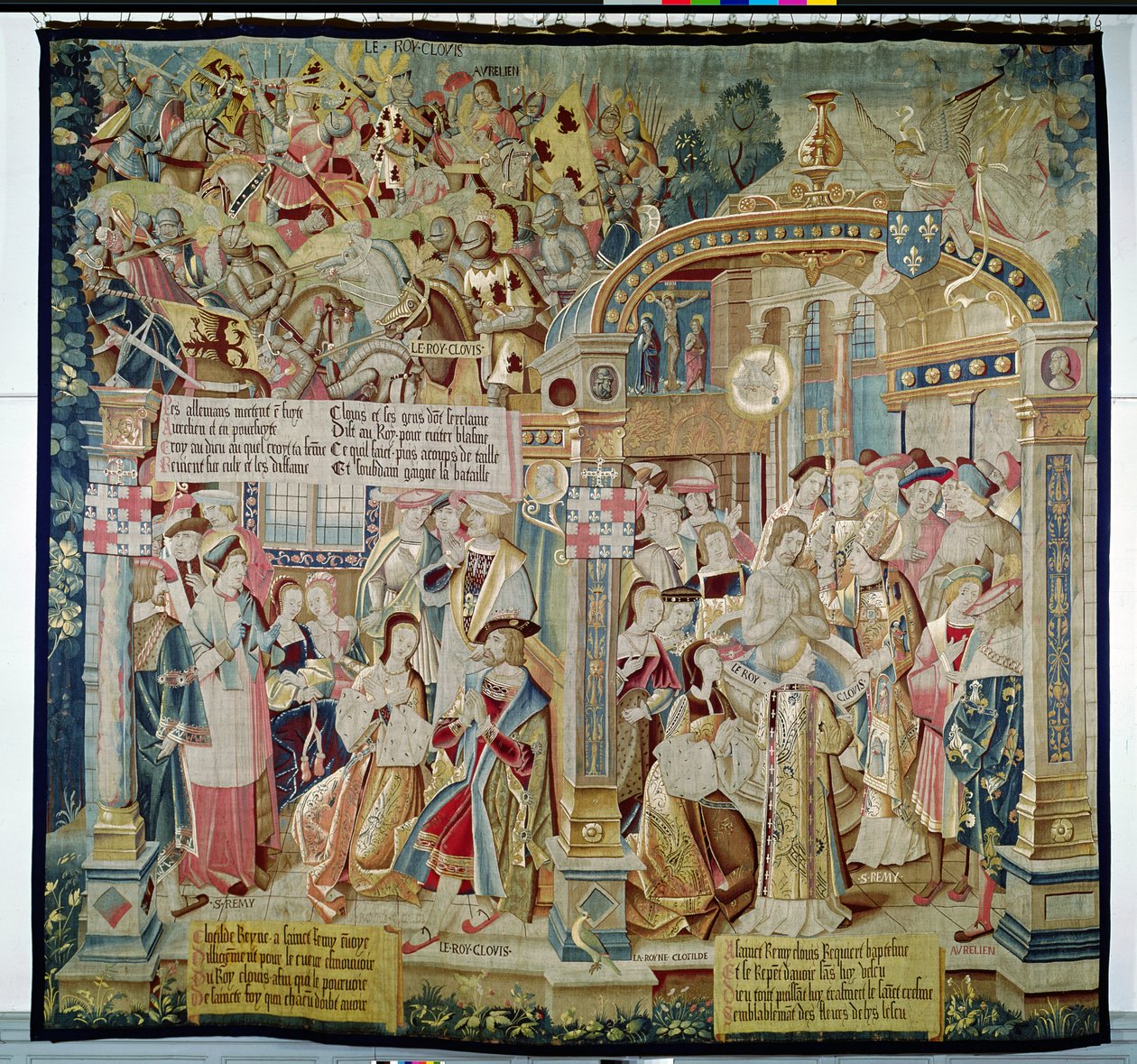 聖レミギウス（d.533）ランス司教の生涯の場面：496年のトルビアックの戦い：クローヴィス1世（465-511）の回心と洗礼、フランク王、1531年（タペストリー） 作： フランス語学校