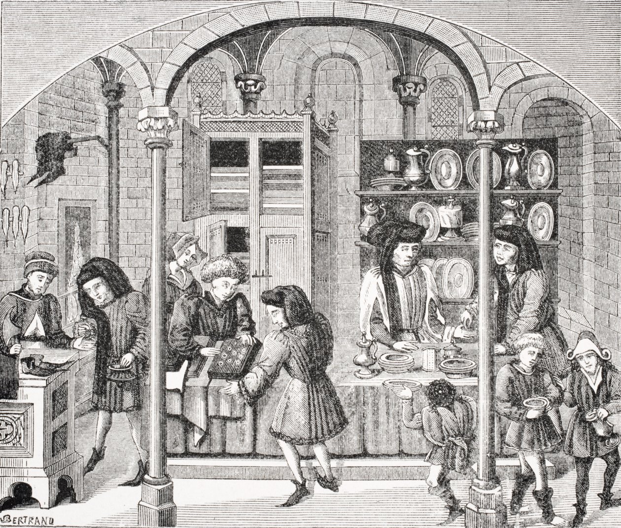 カバードマーケットの下のショップ。ポールラクロワ（Le Moyen Age et La Renaissance）のニコラオレスメ（c.1323-82）によるアリストテレスの「倫理と政治」の14世紀の翻訳のミニチュアの後。 作： フランス語学校