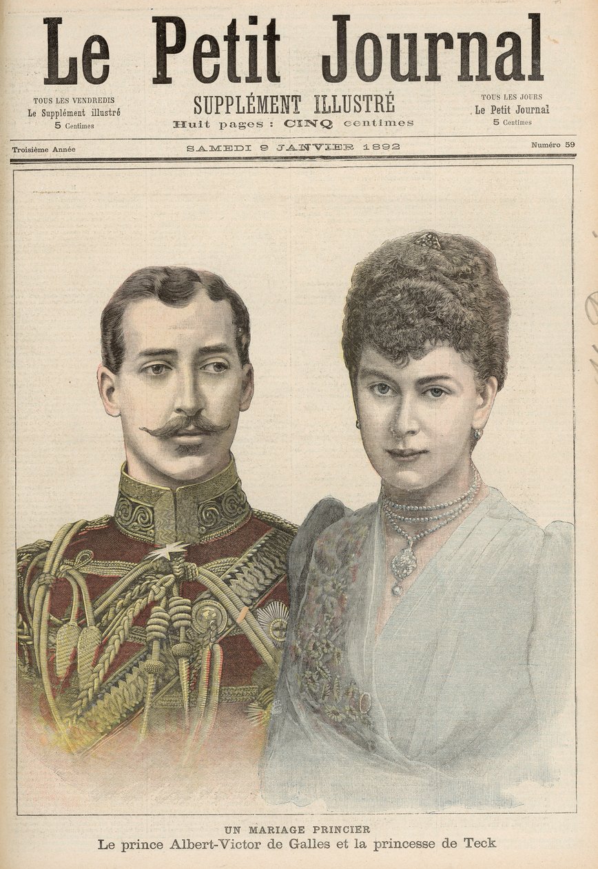 1892年1月9日の「Le Petit Journal」からのアルバートビクター（1864-92）、クラレンス公、エドワードの長男、プリンスオブウェールズからビクトリアメアリーオブテック（1867-1953）の婚約 作： フランス語学校
