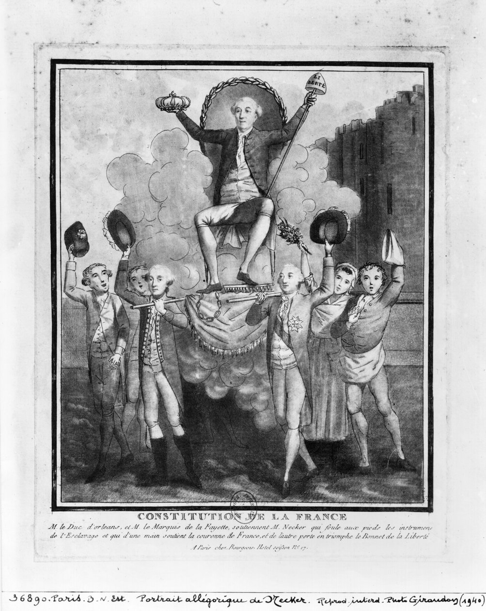 フランス憲法：ルイフィリップジョセフ（1747-93）、デュックドルレアンとマリージョセフ（1757-1834）、ラファイエット侯爵、1789-99（engrav）が掲げたジャックネッカー（1732-1804）の寓意的な肖像 作： フランス語学校