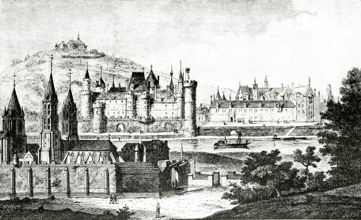1724年に出版されたDom Bouillartによる「歴史のサンジェルマンデプレ」からのシャルル5世の治世中のサンジェルマンデプレとプレaux書記のビュー、「科学と文学」のイラスト 作： フランス語学校