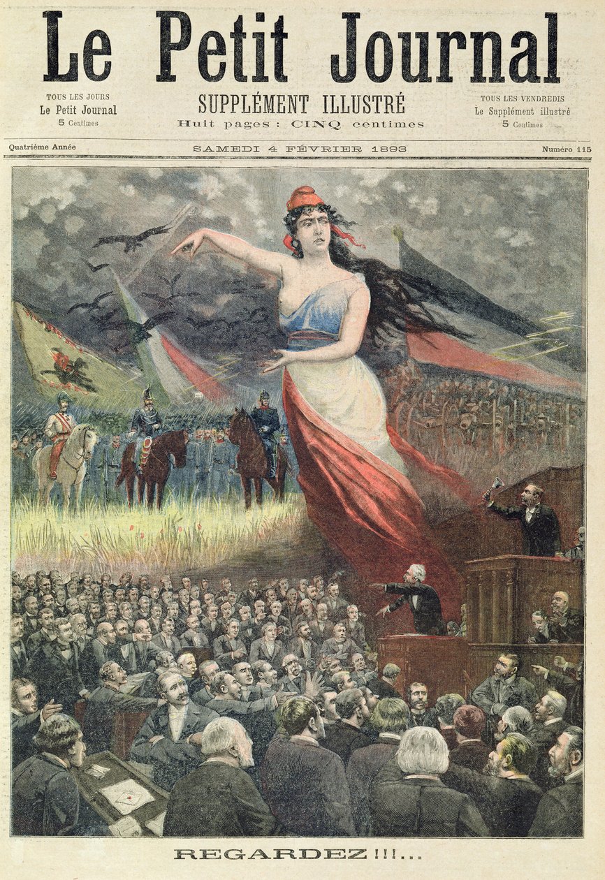 議会が混乱している間、フランスの敵は1893年2月4日の「ルプチジャーナル」の図解された補足の表紙から最初の準備をしました（カラーリソ） 作： フランス語学校