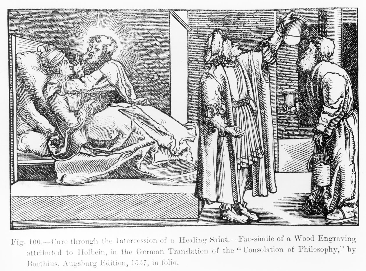 1537年に出版されたBoethiusによる「The Consolation of Philosophy」からの癒しの聖人の執り成しによる治療、「中世とルネサンスの科学と文学」からのイラスト、wr 作： ドイツ語学校
