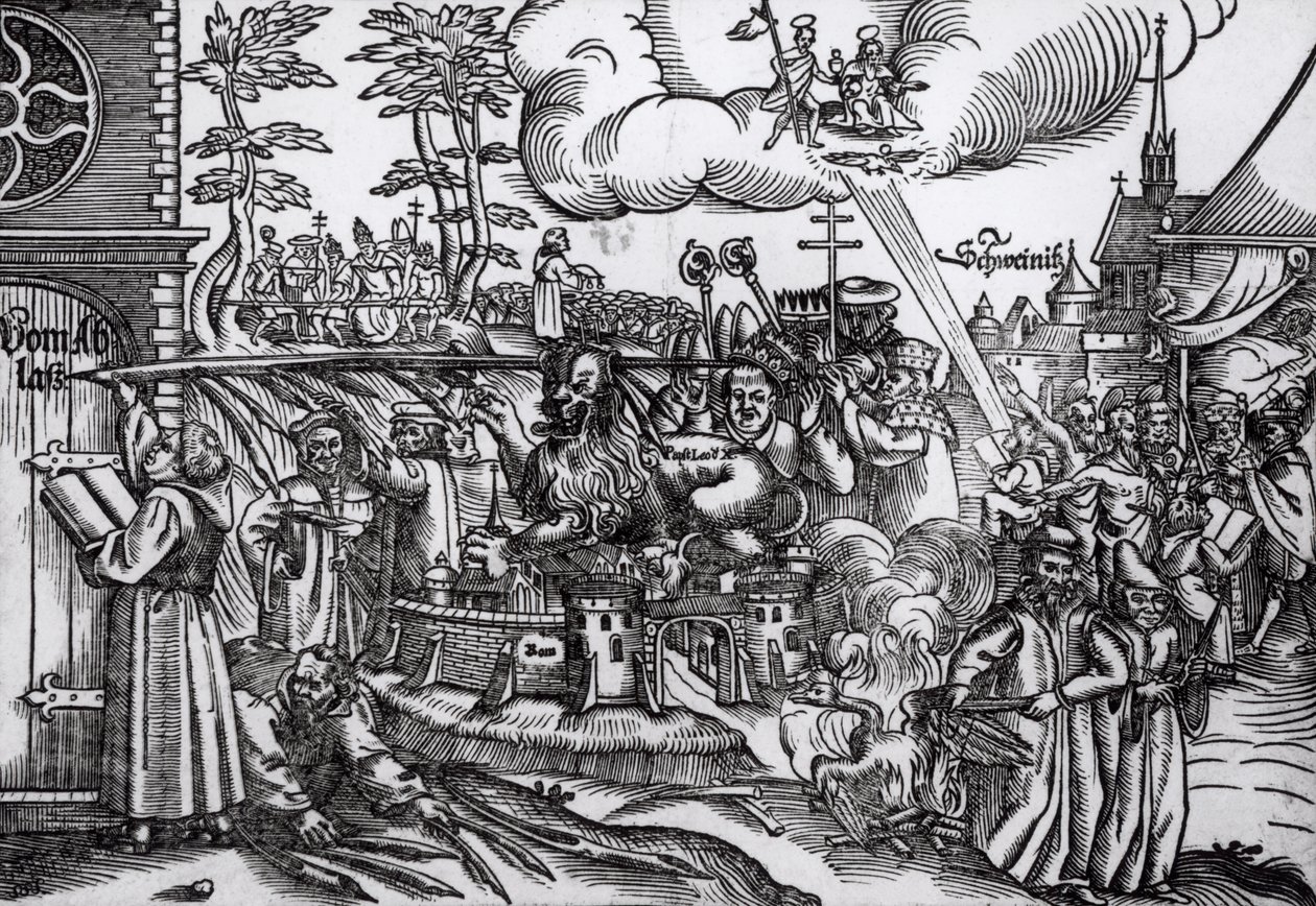マーティン・ルター（1483-1546）が1517年にヴィッテンベルクの教会のドアに書いた（木版画）（bw写真） 作： ドイツ語学校