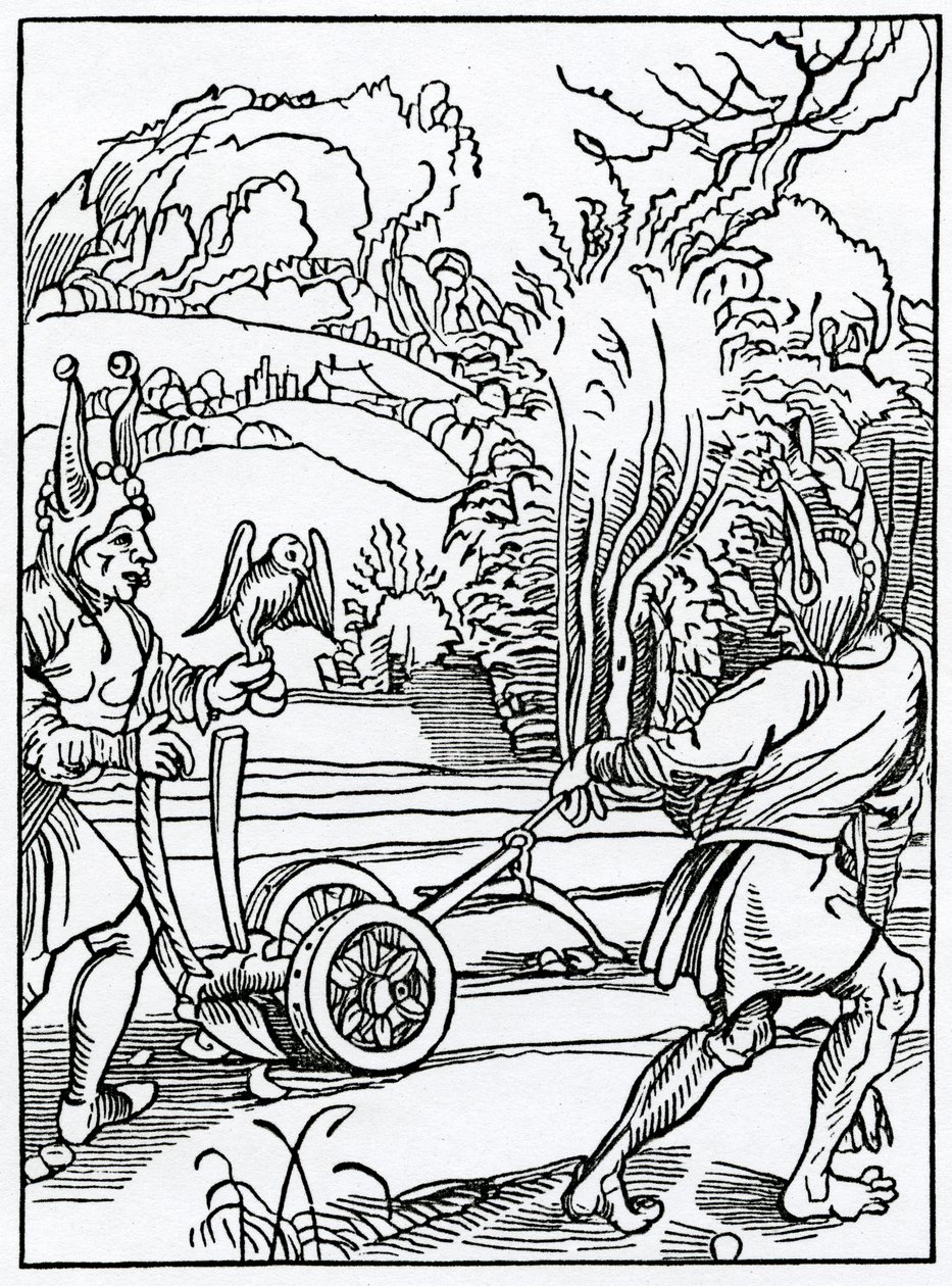 1874年に出版された版から、アレクサンダーバークレーの「The Ship of Fools」の英語訳のイラストから、ny followも良いカウンセルも必要としない賛美歌（彫刻） 作： ドイツ語学校