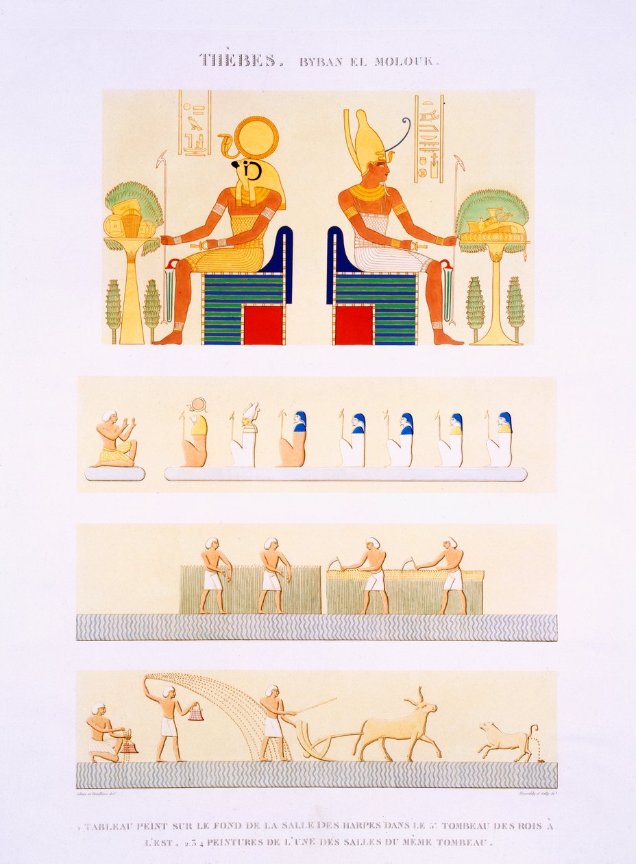 東の王の第5墓のハープの塗られた板と壁画のイラスト、モンサルディとカリー、1822年（アクアチント）によって彫刻された「エジプトの説明」の第II巻からのプレート90 作： 