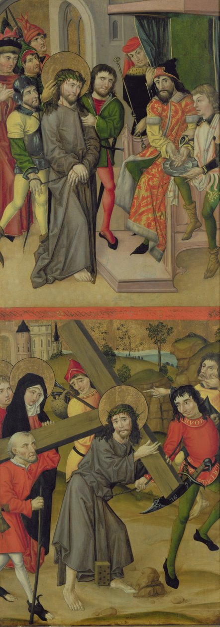 ピラトの前のキリストと十字架を背負ったキリスト、1490年の情熱と聖人のシーンを描いた祭壇画のパネル（144537および144539-40も参照） 作： リューネブルクフットウォッシャーの達人