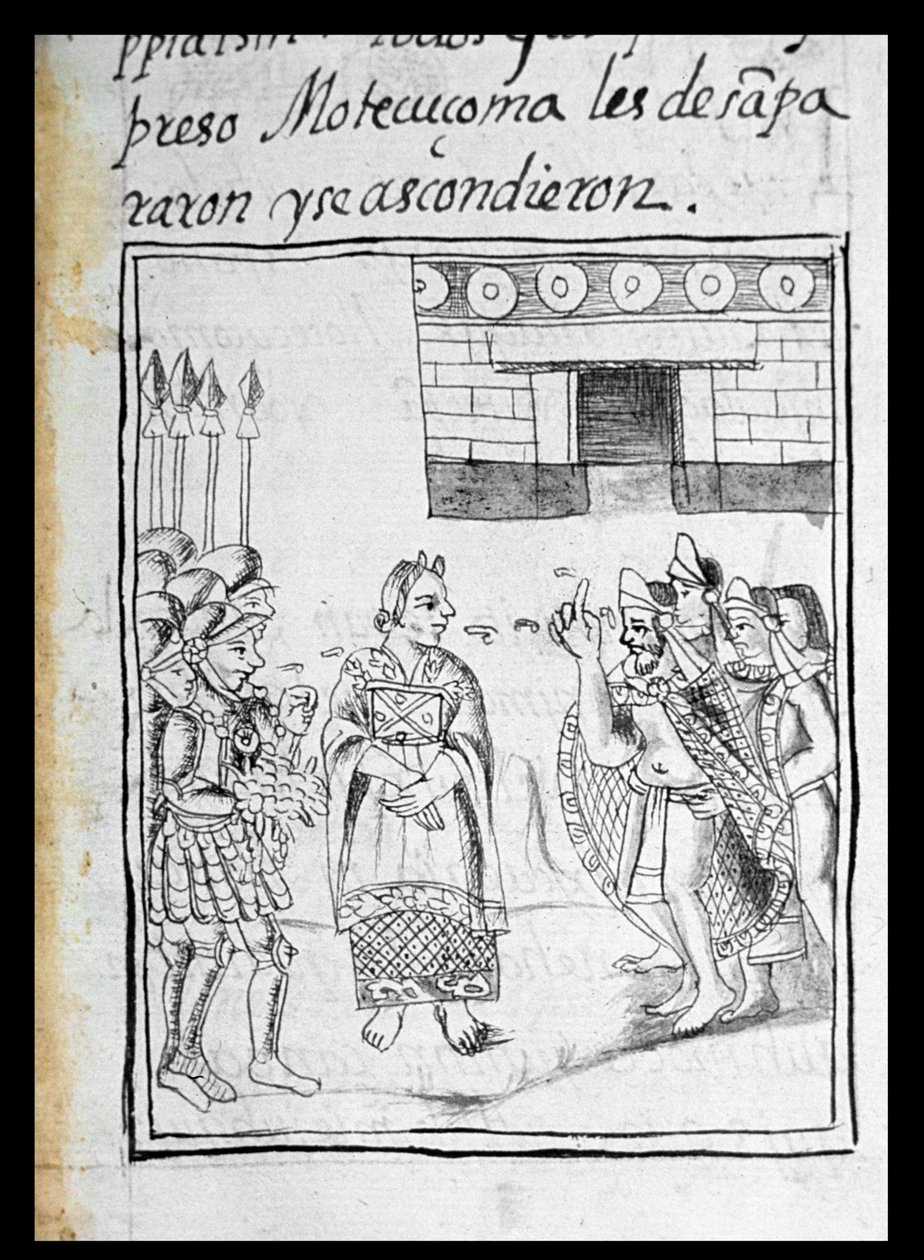 パラットさん218-220ヘルナンドコルテスとモンテスマ（1466-1520）の間の会議でスペイン人のために解釈したブックIXマリーナ（ベルナディーノデサアグンによるc.1540-85） 作： スペイン語学校