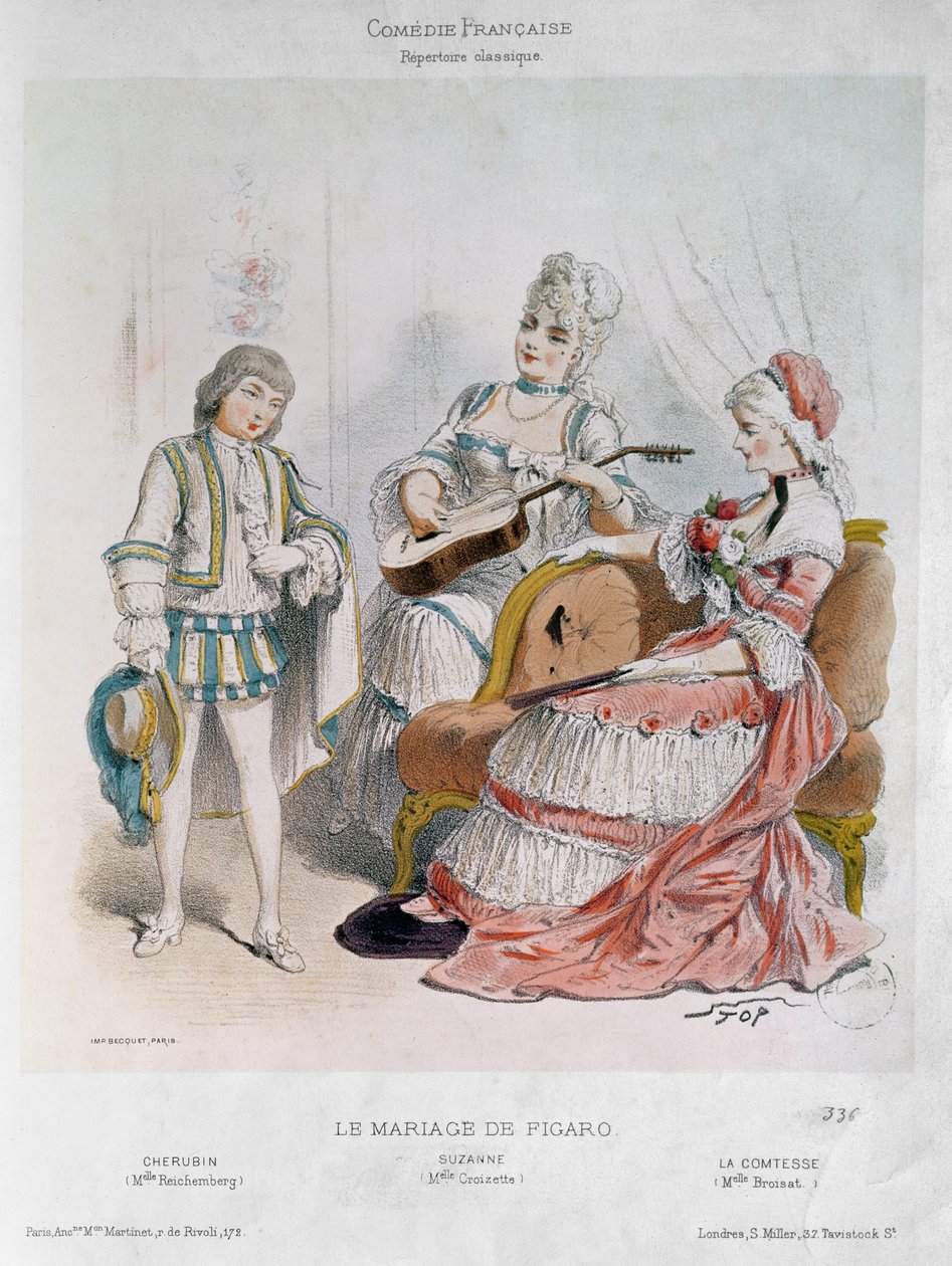 ピエール=オーギュスティン・カロン・ド・ボーマルシェ（1732-99）による「フィガロの結婚」の伯爵夫人としてのマドモアゼル・ライヘンベルクのケルビン、マドモアゼル・クロワゼットのスザンヌ、マドモアゼル・ブロイザの伯爵夫人 作： やめて