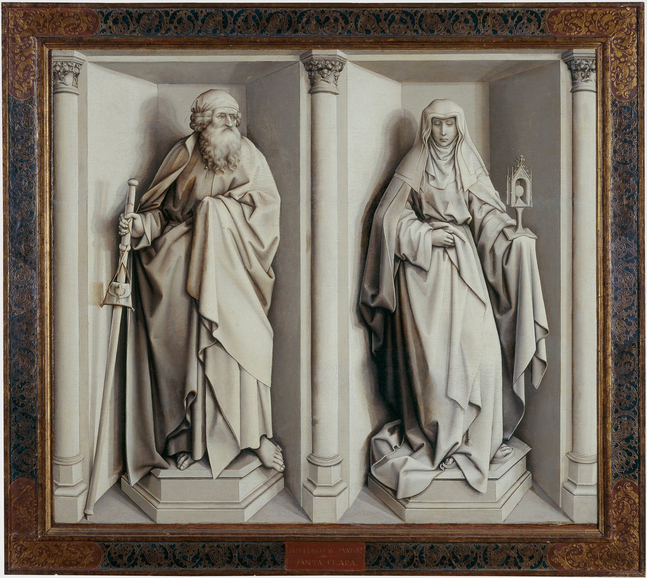 "Le mariage de la Vierge" Verso Robert Campin dit le Maitre de Flemalle (1375-1444) 1420 Dim.0.77x0.88 m Madrid, musee du Prado --- The Marriage of the Virgin.ロベール・カンパン（フレマールの巨匠、1375-1444）による木画。 作： フレマールの達人